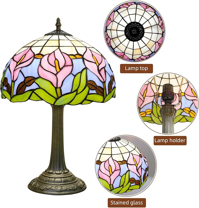 Tiffany Lamp 12 Inch Blue Pink Calla Lily Victorian Stained Glass Table Lamp Antique Bedside Reading Lamp For Bedroom Nightstand Office Light Dorm Room Decor Tiffany Style Retro Home Decoration Gifts
