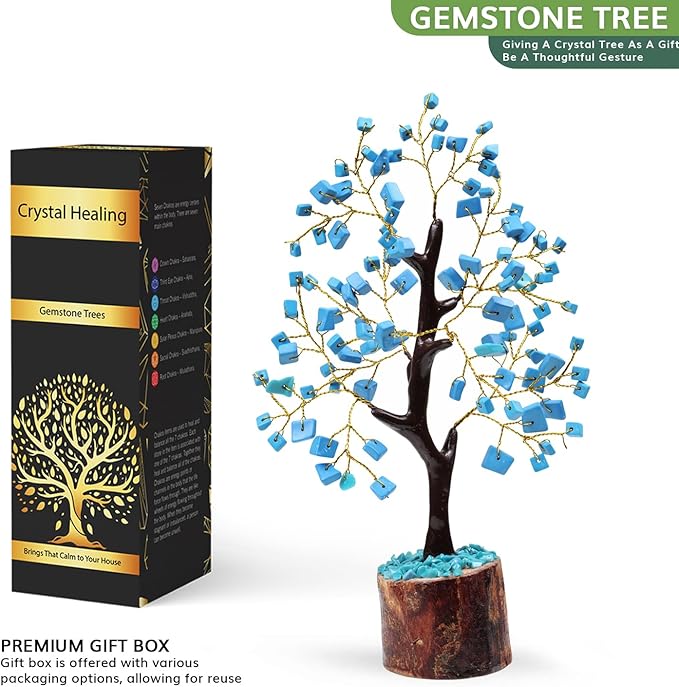 NARIBABU Turquoise Crystal Tree (7–8 Inch, 100 Chips) – Handmade Gemstone Tree with Raw Stones & Golden Wire – Gift for Her, Birthday Gifts for Women, Spiritual Home Decor