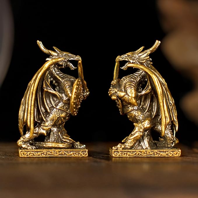 CHOVY Retro Handcrafted Dragon Knight Statue - 100% Solid Brass Armored Warrior with Sword & Shield, Vintage Style Collectible Art Piece for Home Unique Gift for Fantasy Lovers & Medieval Collectors