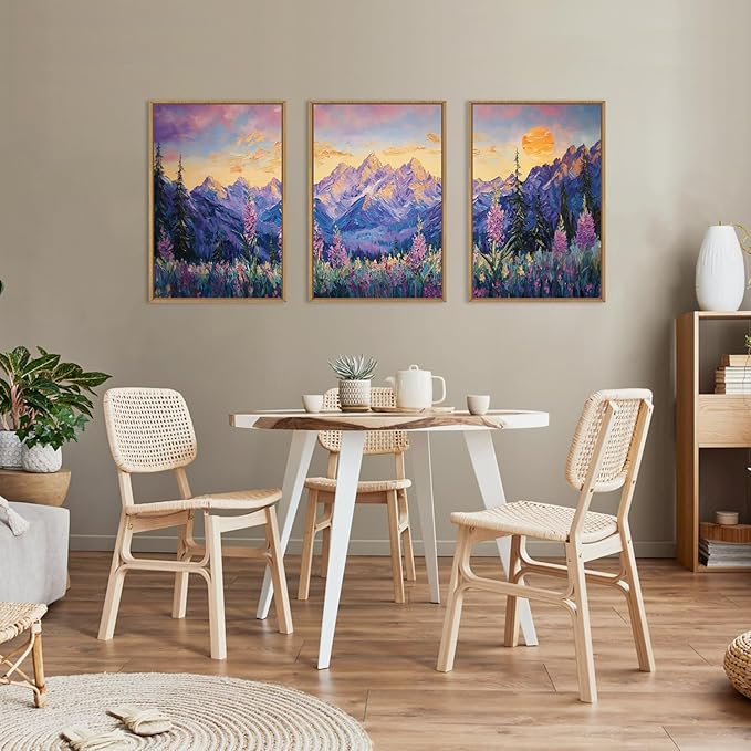 HOURIA Purple Sunset Mountain Landscape Framed Canvas Wall Art Set,Nature Pine Tree Wildflowers Wall Decor,Golden Sunlight Wall Painting,Modern Field Art Prints for Living Room, Bedroom-16 x24 x3