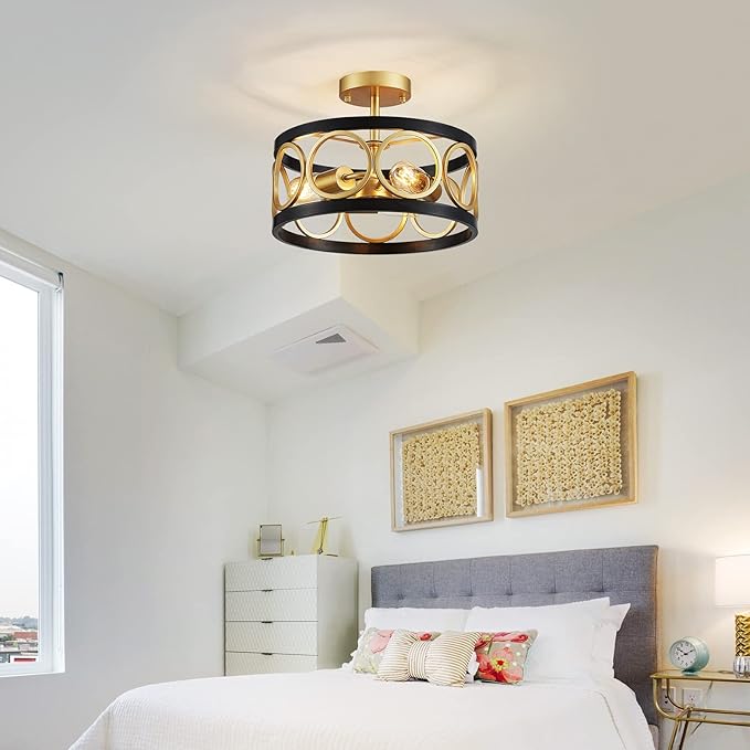 XINGQI 13" Modern Semi Flush Mount Ceiling Light Fixture, Black and Gold Drum Chandelier with Metal Shade Farmhouse Round Ceiling Lamp for Living Dining Room Bedroom