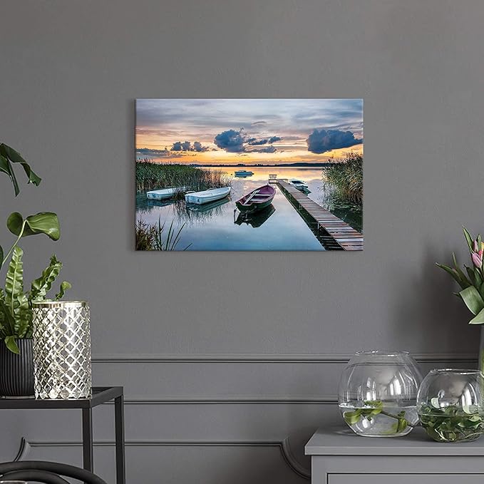 Lake Pier Canvas Wall Art: Modern Rustic Sunset Scenery Picture Nature Reed Landscape Painting Wilderness Boat Shore Gallery Artwork Colorful Skyline Sunrise Scene Prints for Bedroom Bathroom