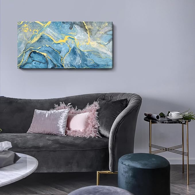 Canvas Wall Art Abstract Seascape Painting Blue Ocean Beach Theme Print Black and Yellow Fluid Texture Coastal Picture Sea Wave Natural Landscape Modern Artwork for Home Bedroom 20x40inch