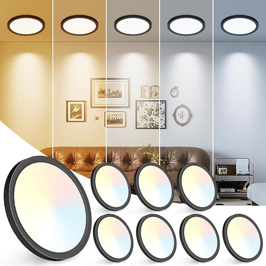 Peasur 7 inch LED Ceiling Light, 3000K/3500K/4000K/5000K/6500K Adjustable Flush Mount Light Fixture,1500LM 15W Thin Black Round Lamp for Hallway Kitchen Bathroom Bedroom, 8Pack