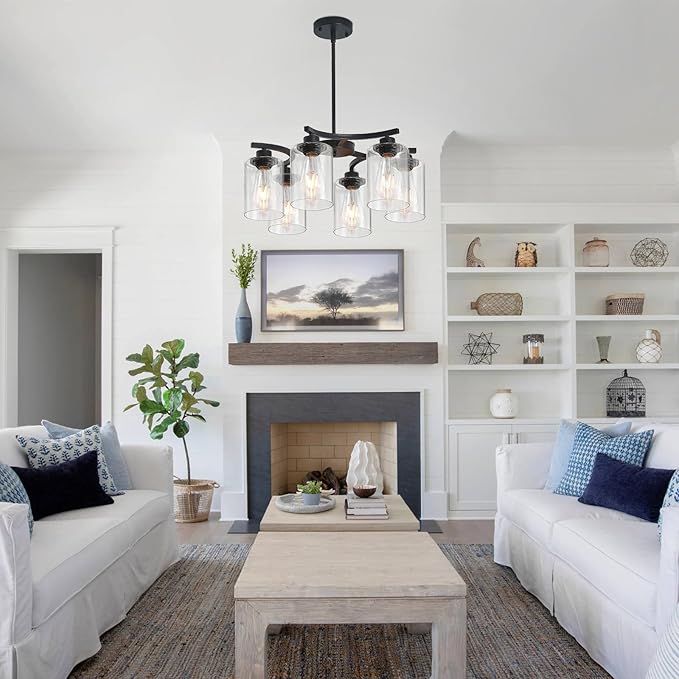 6-Light Modern Farmhouse Black Chandeliers for Dining Room,20.8" Kitchen Island Black Chandelier Over Table,Adjustable Height Hanging Pendant Lights,Clear Glass Shade Ceiling Light Fixture