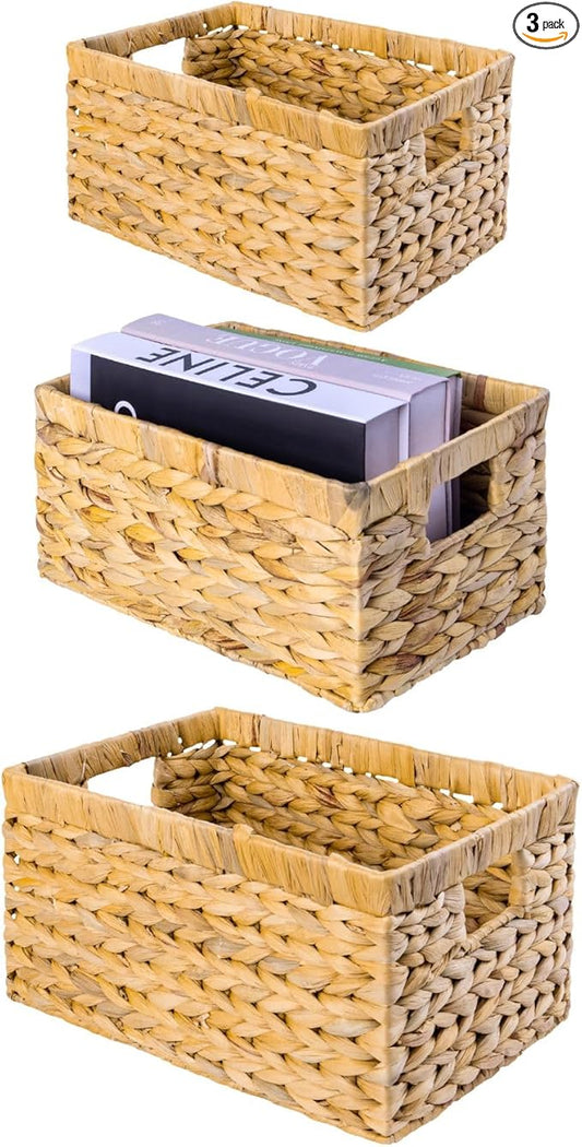 Set of 3 Wicker Storage Baskets for Shelves, Water Hyacinth Storage Baskets, Wicker Baskets for Storage, Kitchen Organizers and Storage Pantry (Set 3 SML)