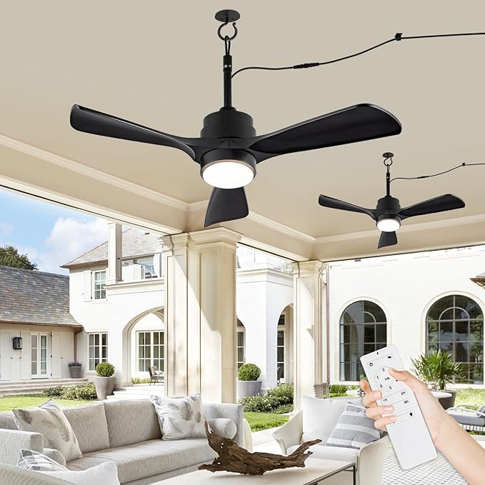 42" Gazebo Fans Outdoor Hanging with Remote Waterproof,Outdoor Ceiling Fan for Patios with Light, Plug in Cord Outlet Hook Wet Rated for Outside Porch, Pergola-Black+20" Downrod