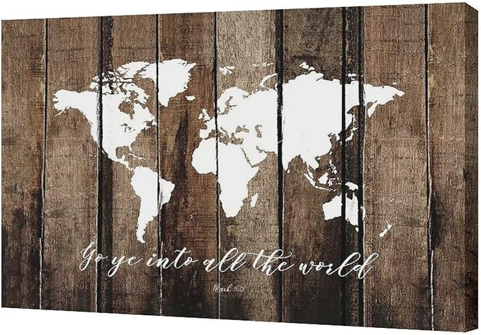Large World Map Wall Art Rustic World Map Pictures Wall Decor Go Ye Into All The World and Preach The Gospel Canvas Painting Print Home Artwork Framed for Living Room Bathroom Master Bedroom 24"x16"