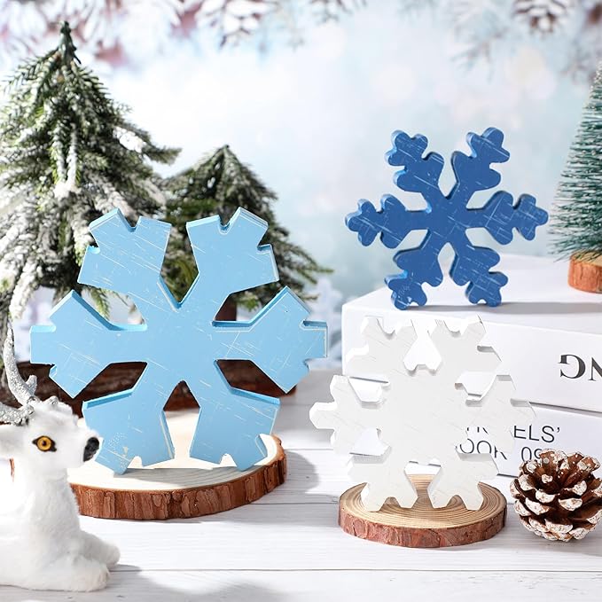 Bucherry 3 Pcs Winter Wooden Snowflake Decor Rustic Winter Snowflake Table Signs Wonderland Wood Blocks Farmhouse Christmas Tiered Tray Decorations for Xmas Table Shelf(Retro Colors)