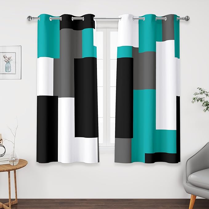 Teal/Turquoise 100% Blackout Curtains 45 inch Length 2 Panels Set Black White Grey Modern Abstract Geometric Drapes for Kitchen Curtains Insulated Room Darkening Small Window Curtains, 42Wx45L