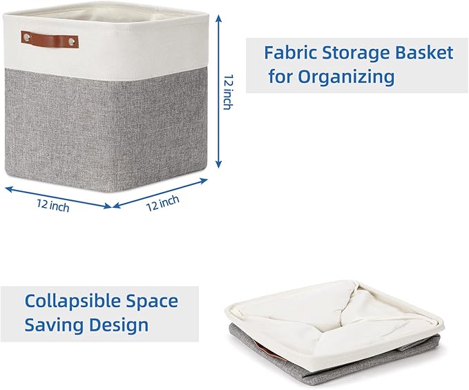 Temary 12 Inch Storage Baskets Foldable Fabric Storage Cubes 4PCs Storage Bins Organizer with Handles, Baskets for Organizing Clothes, Towels (White & Grey, 12 x 12 x 12)