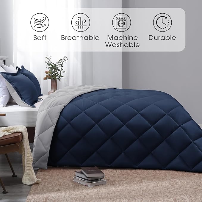 Beyond King Size Navy Blue Reversible Comforter for All Seasons - King, 1 Comforter 104"x92" & 2 Pillow Shams 20"x36"+2"