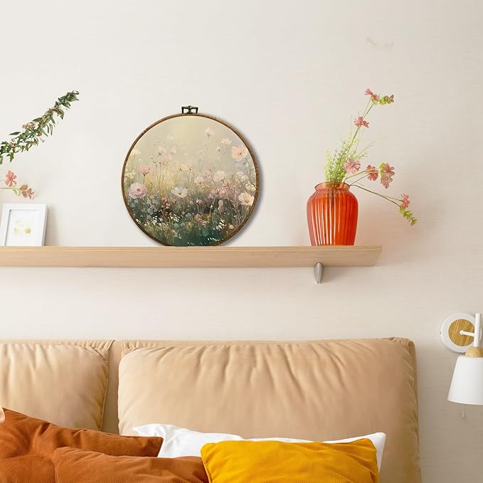 JUIOEIUVintage Wildflower Floral Round Wall Decor, Cottagecore Flower Botanical Framed Canvas Prints, Retro Rustic Floral Wall Art Hanging Decorations for Home Bedroom Living Room Décor Accents Decor, 10x10in