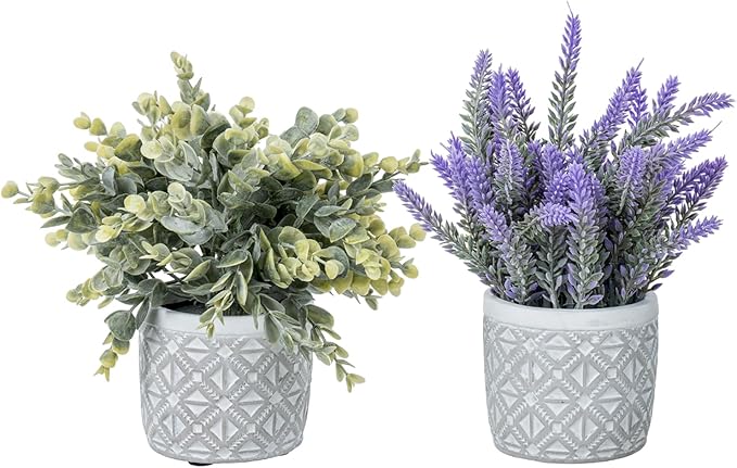 MyGift Artificial Potted Eucalyptus and Lavender Plant Faux Greenery in Modern Geometric Embossed Pattern Concrete Planter Pot, 2 Pc Set