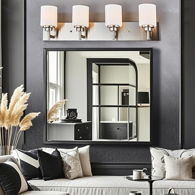 Bathroom Vanity Light Fixture, Brushed Nickel | 32 Inch 4 Lights, White Glass Shade, Vanity Lights for Bathroom, Living Room, Bedroom, Farmhouse