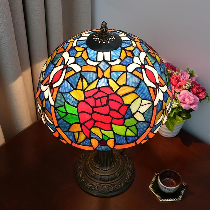 Tiffany Lamp 12 Inch Tiffany Style Red Rose Retro Bedside Lamp Stained Glass Table Lamp Suitable For Bedrooms Hotels Restaurants Dormitories Vintage Antiques Home Decoration Art And Craft Gifts