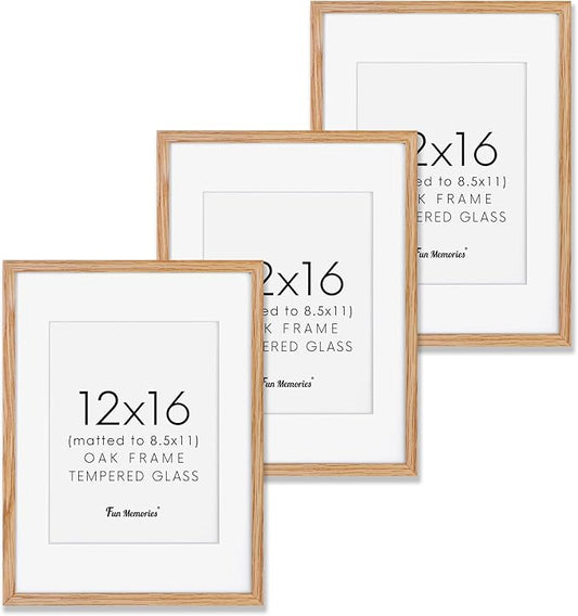 Fun Memories 12x16 Picture Frame Set of 3, Natural Oak Wood Frame 12 x 16 Poster Frame for Wall, 12"x16" Oak Wood Frame Matted to 8.5x11, Wood 12x16 Frames for Home Decor
