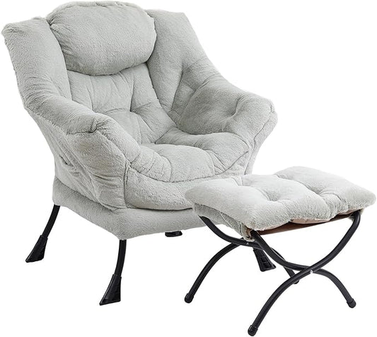 Lazy Chair with Ottoman, Modern Chair with Folding Footrest, Lounge Accent Chair, Comfortable Reading Chair (Plush Green)