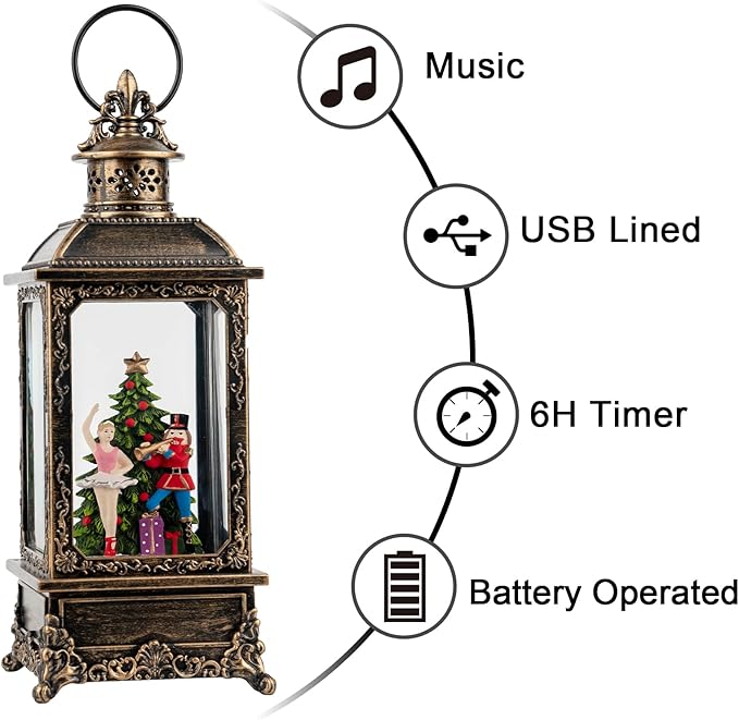 Christmas Nutcracker Snow Globe Lantern - Vintage LED Swirling Glitter Water Lamp with Clara & Soldier, Plays The Nutcracker Suite Music, 6-Hour Auto Timer - Holiday Tabletop Decor & Gift