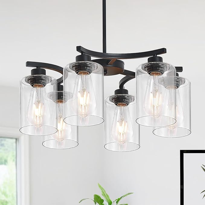 6-Light Modern Farmhouse Black Chandeliers for Dining Room,20.8" Kitchen Island Black Chandelier Over Table,Adjustable Height Hanging Pendant Lights,Clear Glass Shade Ceiling Light Fixture