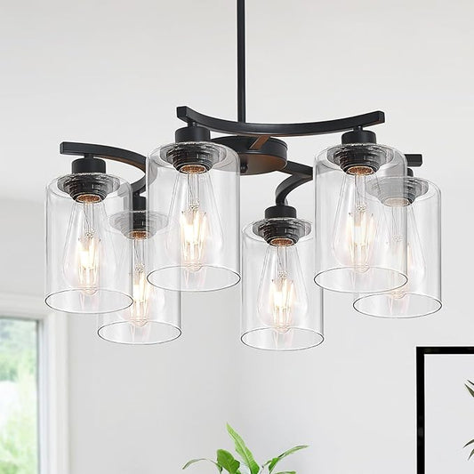6-Light Modern Farmhouse Black Chandeliers for Dining Room,20.8" Kitchen Island Black Chandelier Over Table,Adjustable Height Hanging Pendant Lights,Clear Glass Shade Ceiling Light Fixture