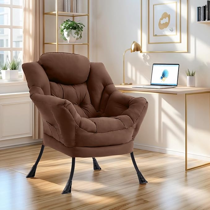 Lazy Chair for Living Room, Modern Accent Chairs with Armrests, Comfy Lounge Chair with Side Pocket, Cozy Lazy Sofa for Reading, Balcony, Bedroom, Dorm, Small Spaces (Dark Brown)