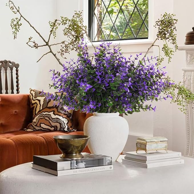 RECUTMS Artificial Fake Outdoor Plants Flowers for Spring Decoration, Faux Plastic Plants Outdoor Flower UV Resistant Realistic for Home Outside Planter Window Porch Patio Garden(Purple Eucalyptus)