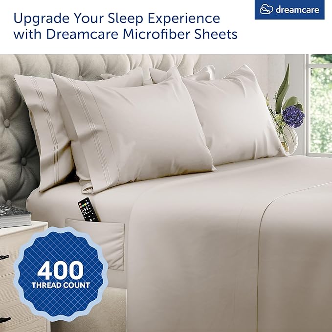 DREAMCARE King Size Sheets Set – 6 pcs Cooling Bed Sheets – up to 15” Deep Pocket King Sheet Set – 2500 Supreme Collection – Extra Soft 100% Brushed Microfiber Hotel Luxury with Side Pocket – Beige