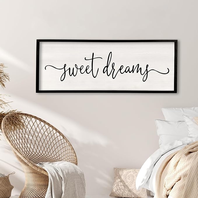 Surfapans Sweet Dreams Wall Decor Above Bed 40"x15" ofr Master Bedroom Guest Room Wood Framed Rustic Over Bed Wall Art Sign (Black)