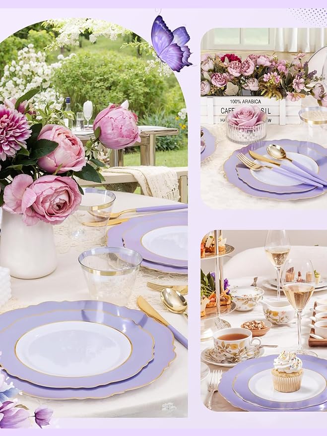 WDF 150Pcs Purple Plates Disposable - Baroque Lavender Purple and Gold Plates - 25Guest Plastic Dinnerware Ideal for Party/Spring/Picnic