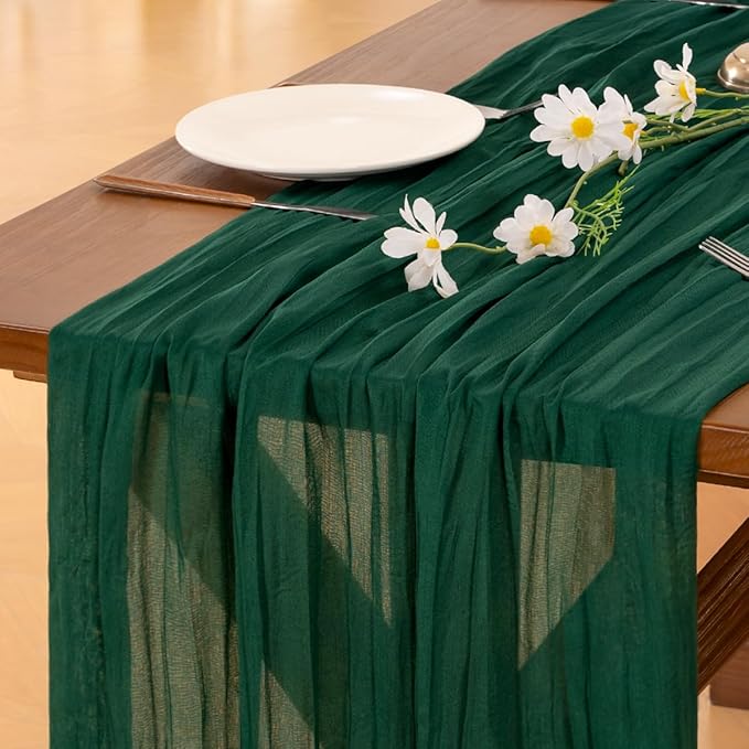Socomi 10pcs Emerald Green Cheesecloth Table Runner Fall Thanksgiving Boho Rustic Gauze 120 inch 10FT Cheese Cloth Runner for Wedding Party Baby Shower Birthday Home Decor Holiday Decorations