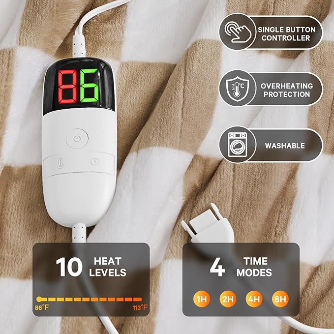 Light Brown Heated Blanket Electric Twin Size, 62X84 Heating Blanket with 10 Heat Level & 8 Hours Auto Off, Checkered Plaid Soft Fleece Sherpa Blankets Warmer Gifts for Couch Grandma Women Adults, ETL