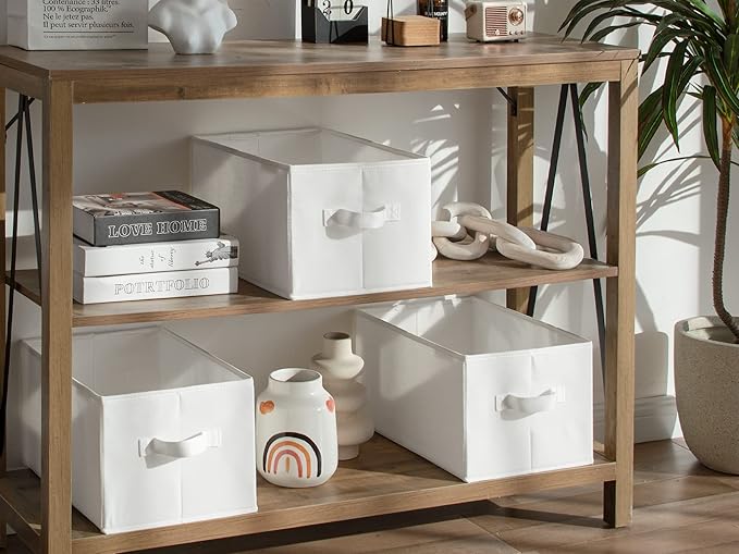 StorageWorks Storage Baskets for Shelves, Foldable Fabric Closet Storage Bins with Handles, Fabric Storage Bins Clothes Organizer, White, 3-Pack, Large