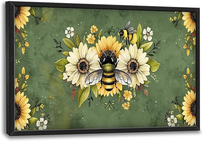 Flintis Large Bee Wall Art Bee Sunflower Pictures Wall Decor Abstract Animal Canvas Painting Print Artwork Decoration Framed for Living Room Bathroom Master Bedroom Office Dining Room 36L x 24W