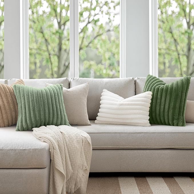 MIULEE Faux Fur Lumbar Decorative Throw Pillow Covers 12x20 Inch Set of 2, Modern Spring Home Decor Soft Plush Couch Pillows Cozy Fluffy Cushion Covers for Sofa Bed Sage Green