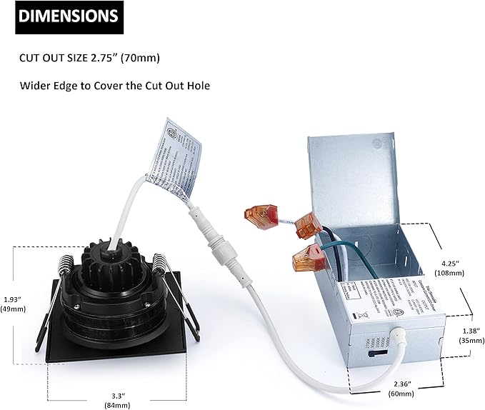 Canless Recessed Gimbal Downlight Rotatable-Spotlight 5 CCT 3 Inch Eyeball Ceilling Potlight, Dimmable Recessed Lights Fixture with Junction Box, 8W CCT Adjustable, Black Square Finish, 6P