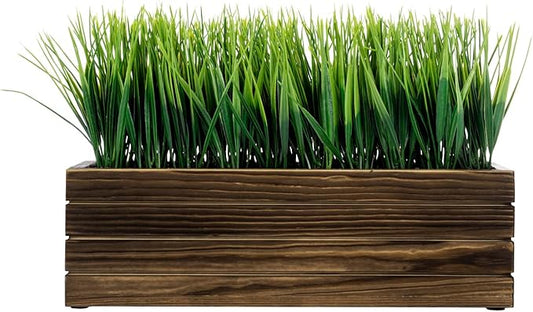 MyGift 14 Inch Artificial Green Grass Plant in Rustic Burnt Solid Wood Rectangular Crate Style Planter Box, Indoor Decor Faux Greenery in Decorative Wooden Container