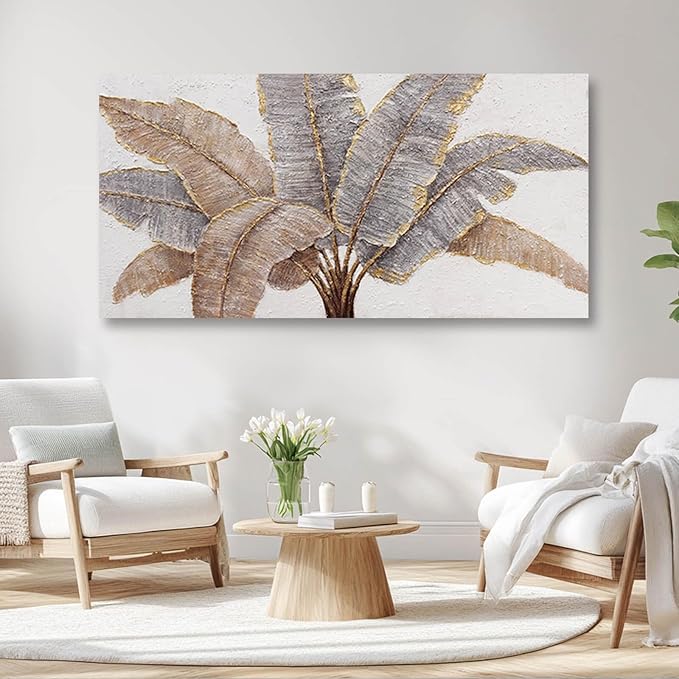White and Gold Canvas Wall Decor Textured Wall Art Leaves Artwork for Living Room Office Contemporary Art Plant Picture for Home 29x58 Inch