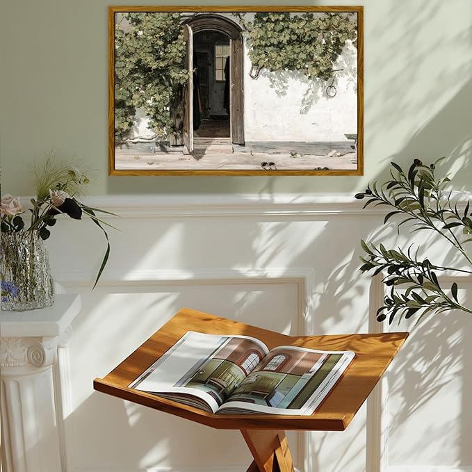 crmotu Vintage Framed Wall Art, Landscape Wall Art, Rustic Scenery Canvas Pictures, Green Plant Art Prints, Hotel Entrance Retro Paintings for Living Room Bedroom Modern Home Decorations 24x36in