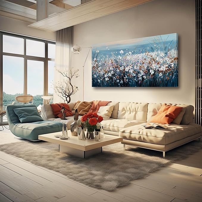 Blue Pictures Wall Decor Ocean Landscape Framed Wall Prints for Living Room Floral Wall Art Office Posters for Room Decor 29x58 Inch Hotel Art