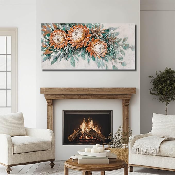 GAIDUOMAI Red Flowers Wall Art Green Leaves Painting Plants Wall Decorations for Living Room Contemporary Artwork for Home Haning Decor 24x48 Inch