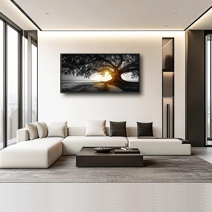 Olivine Tree Wall Art, Sunset Pictures Wall Decor, Black And White Painting, Nature Scenery Canvas Prints, Framed Artwork for Bathroom Bedroom Living Room Office Home Decoration 60"x30"