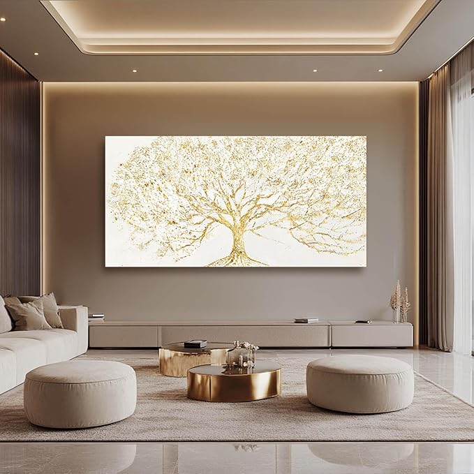 Big Gold Tree Wall Prints Framed Canvas Picture Neutral Wall Decor 29"x58" White and Gold Abstract Wall Art for Living Room Bedroom Dining Room