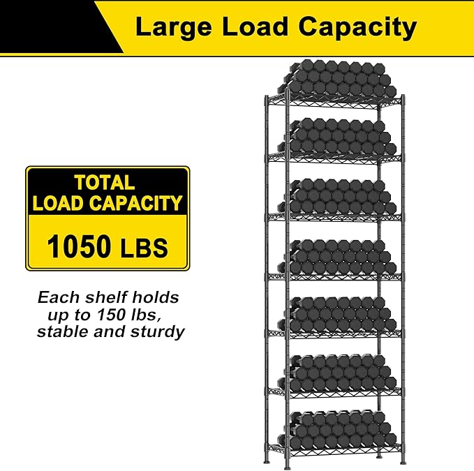 GIOTORENT 7-Wire Garage Shelving Storage Shelves, Kitchen Storage Adjustable Shelf, Metal Shelves 1400Lbs Capacity 24" W x 14" D x 71.6" H for Laundry Bathroom Pantry Closet, Black