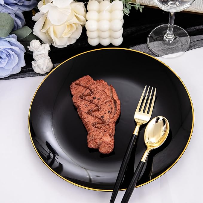 Nervure 100PCS Black and Gold Plastic Plates - 10.25 inch Black Disposable Plates - Gold Rim Dinner Plate - Black Dinner Plate Ideal for Wedding & Party & Halloween