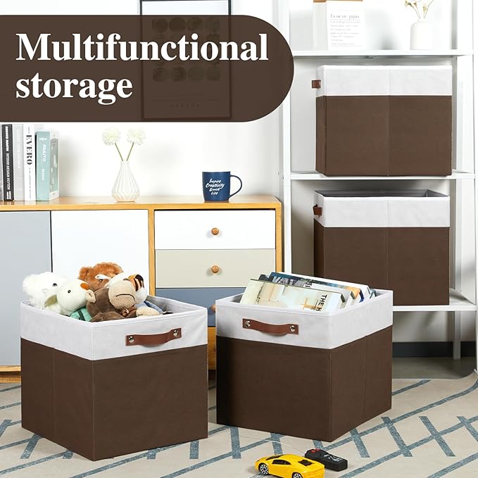 Temary Foldable Cube Baskets 4Pack - Shelf Storage Bins with Handles, Fabric Storage Organizer for Clothes, Home (White&Brown, 13x15x13 Inch)
