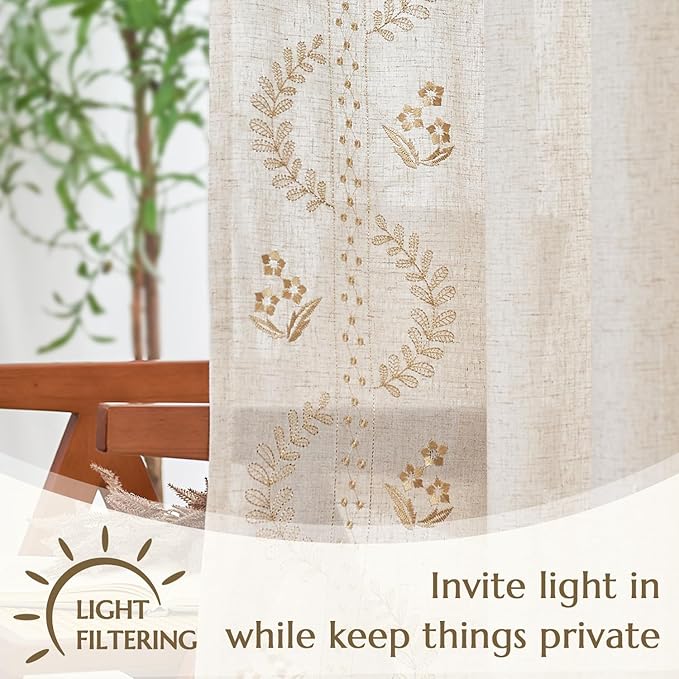 jinchan Belrose Linen Curtains for Bedroom Floral Curtains 72 Inch Length Linen Blend Beige Embroidered Drapes Farmhouse Flower Patterned Drapes for Living Room Window Treatments Set 2 Panels