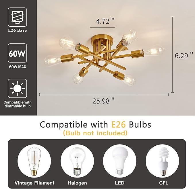 ASGYISA 6-Lights Semi Flush Mount Ceiling Light Fixture Gold Modern Matte Sputnik Chandelier Vintage Ceiling Lamp Farmhouse for Kitchen Bedroom Dining Room Living Room with E26 Bulb Base