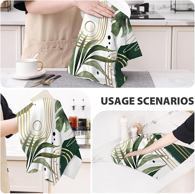 Boho Kitchen Towels 16x24 Inch Sage Green Mid Century Tropical Leaf Summer Decor Dish Towels Abstract Geometric Decoration Hand Towels Absorbent Dish Cloths for Home Kitchen Dining Set of 2