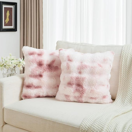 FUTEI Pink White Decorative Throw Pillow Covers 22x22 Inch Set of 2,Soft Fuzzy Faux Rabbit Fur Cushion Covers with Raised Texture,Neutral Boho Home Decor for Couch Bed Living Room
